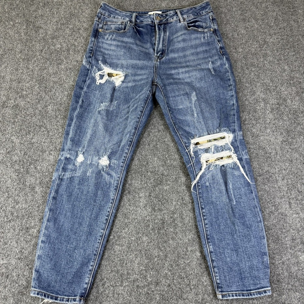 I&M Structured Denim Distressed Jeans Womens 11 Blue Camo Patch High Rise 11403M